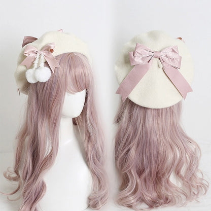 Colors 6 With Pom-Poms Cute Girly-Style White Cream Beret Bowknot