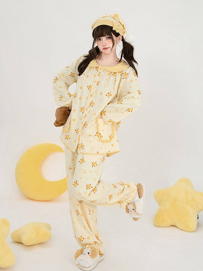 Yellow Mango Print Loungewear Set with Peter Pan Collar - Tan Tuan