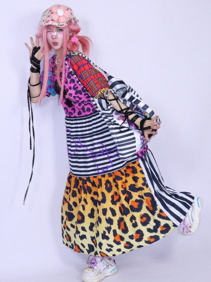 Ärmeldruck Rosa Puff Leopard Gyaru Modekleid