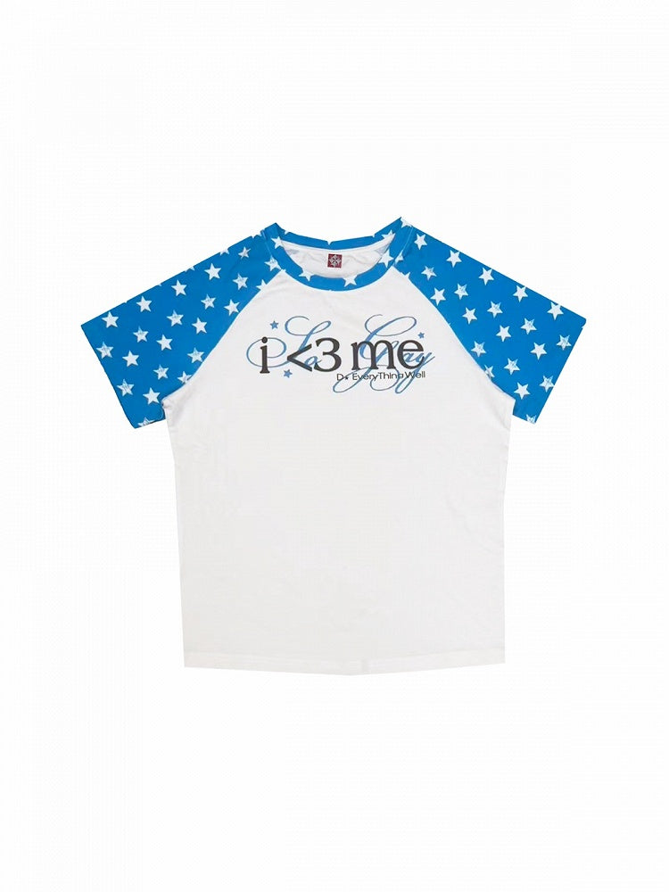 Gender-Neutral Star and Letter Print Short Sleeve Raglan Tee in Blue and White - DETW OnLine