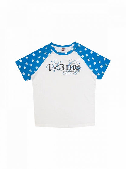 Gender-Neutral Star and Letter Print Short Sleeve Raglan Tee in Blue and White - DETW OnLine