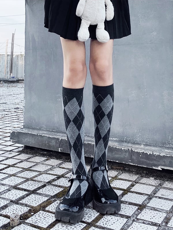3 Colors Plaid JK Diamond Pattern Socks Calf