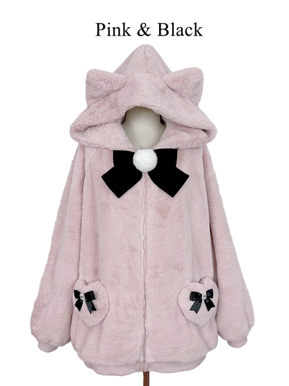 12 Kitty-Ear Jacket Bows Detachable Hooded with Pompom Jirai Available Colors Plush Kei