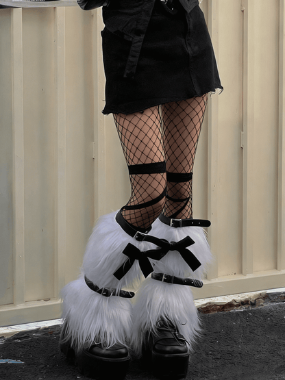 Leg Black Warmers With White Plush Bow Decoration