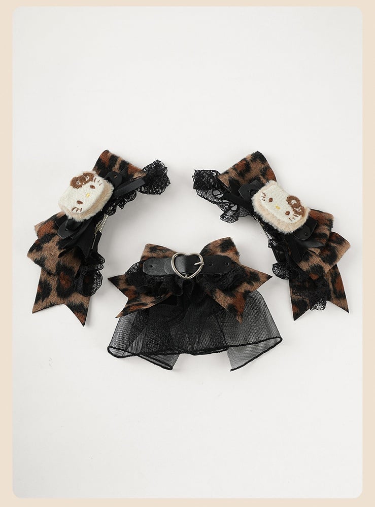 Coffee Leopard Bowand Kitty Hairclips