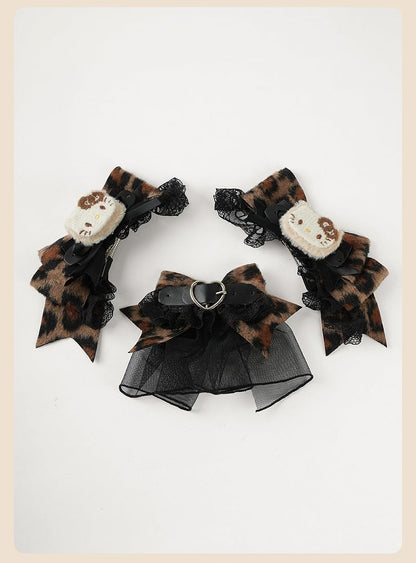 Coffee Leopard Bowand Kitty Hairclips