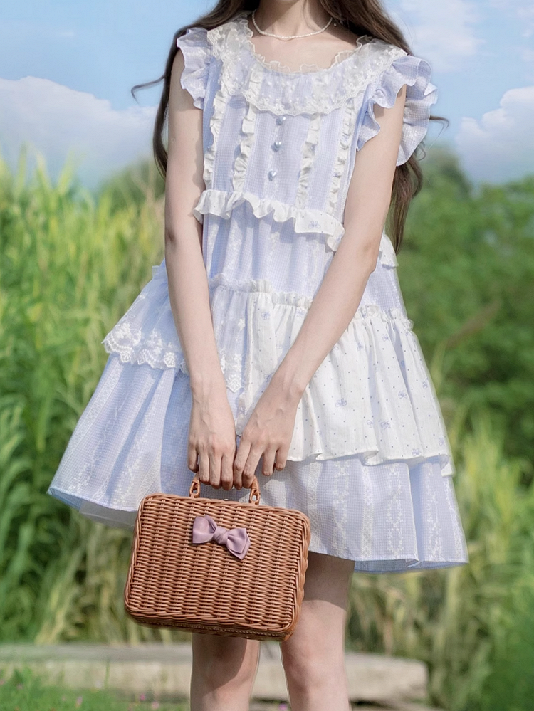 Light Blue Patchwork Design Sweet Flutter Sleeves Dress