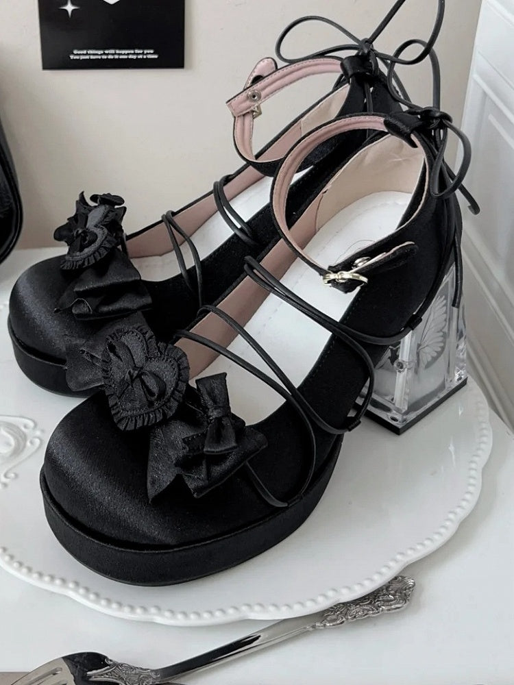 - PU Mary Floral Janes Black Block Accent in Bow Heel High Leather