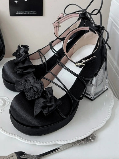 - PU Mary Floral Janes Black Block Accent in Bow Heel High Leather