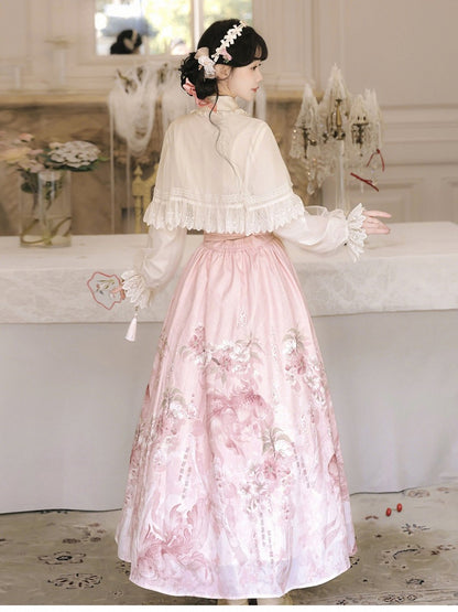 Pink and White Chinese-Style Long-Sleeved Top Set with Floral Print Skirt and Lace-Trimmed Chiffon Cape - Han Ru Chu Hanfu &amp; Han-Element Studi