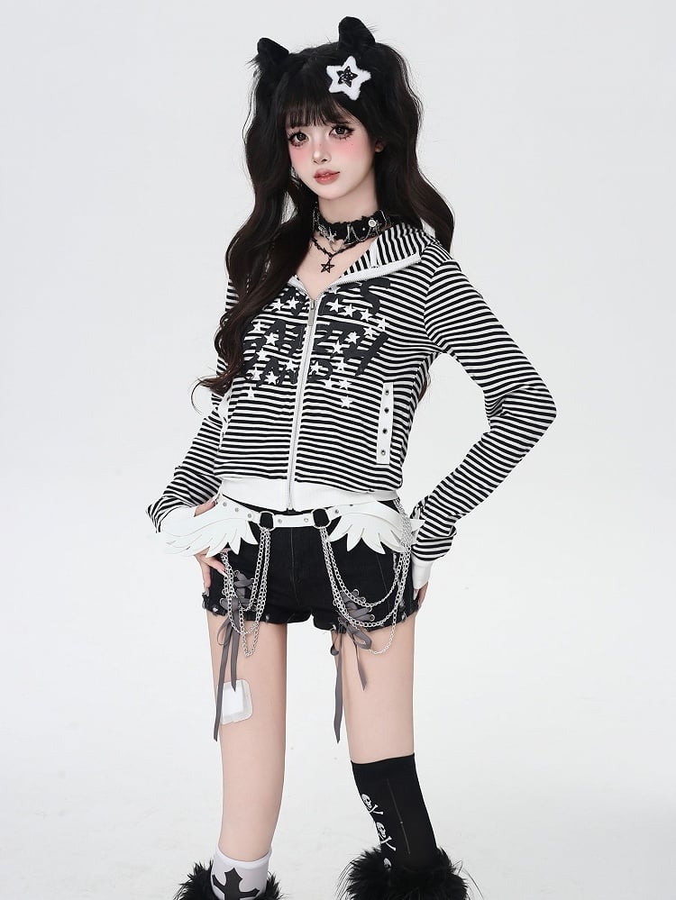 Letter White and Stripes Star Black Print Zip-up Jacket