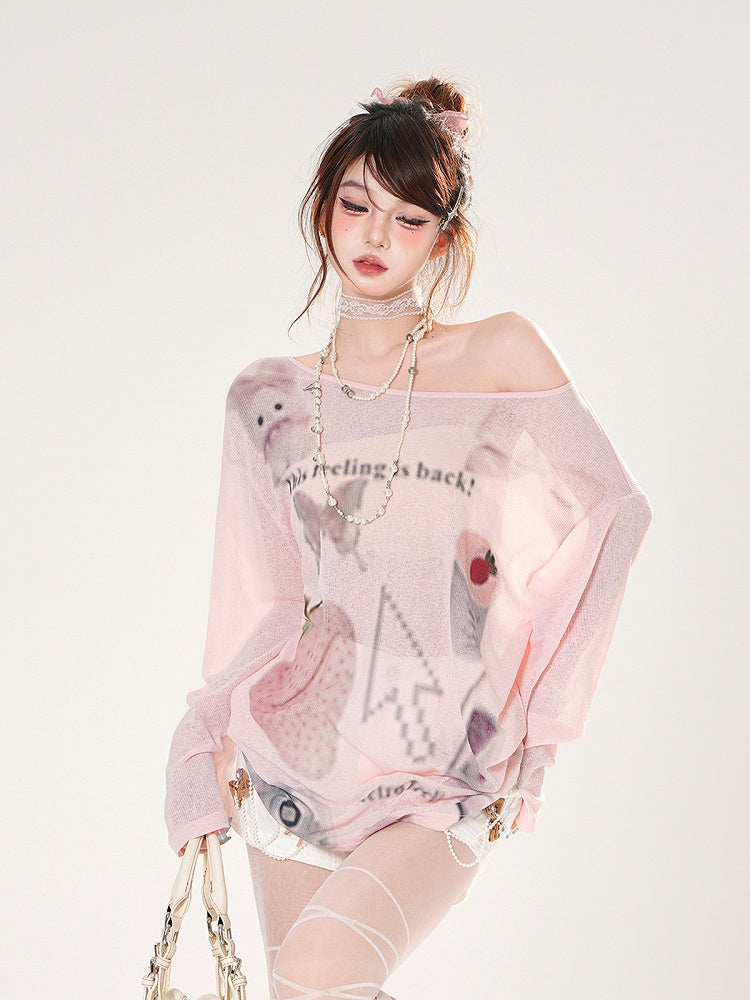 Erdbeerdruck Asymmetrischer Ausschnitt Weiß/Pink