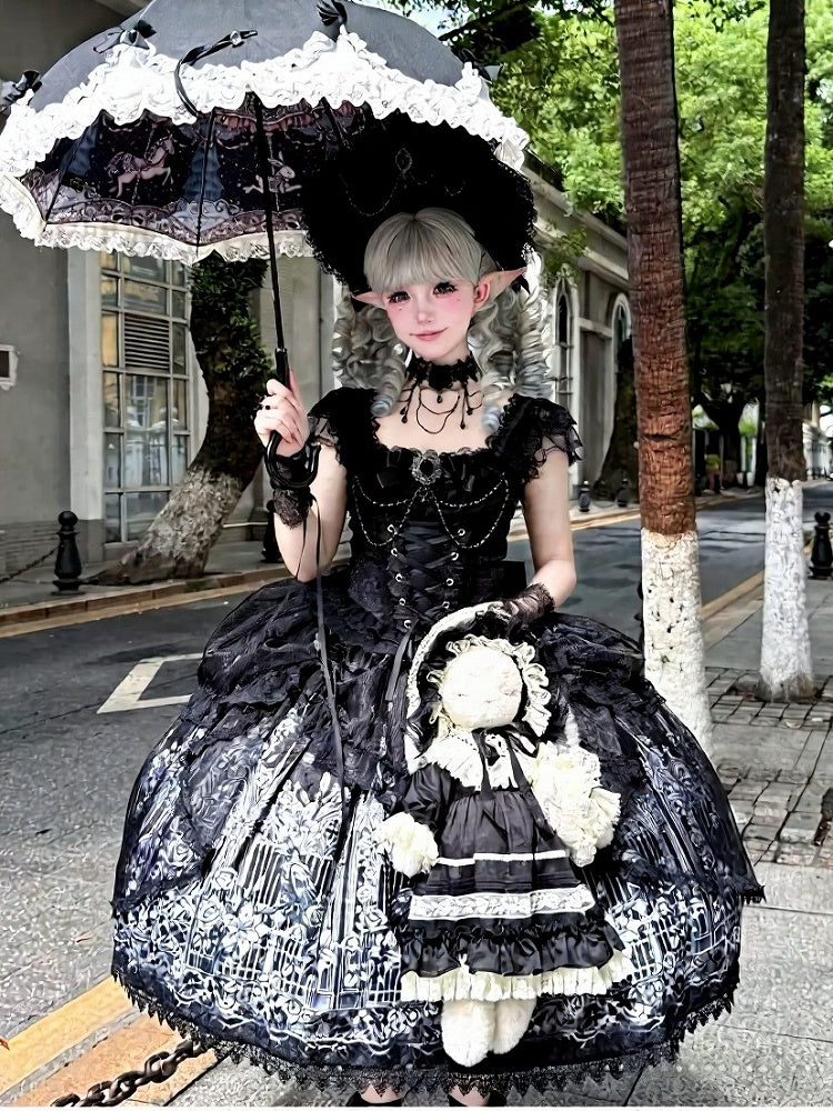 Black Gothic Square Neck JSK Dress with Train - Miss Han