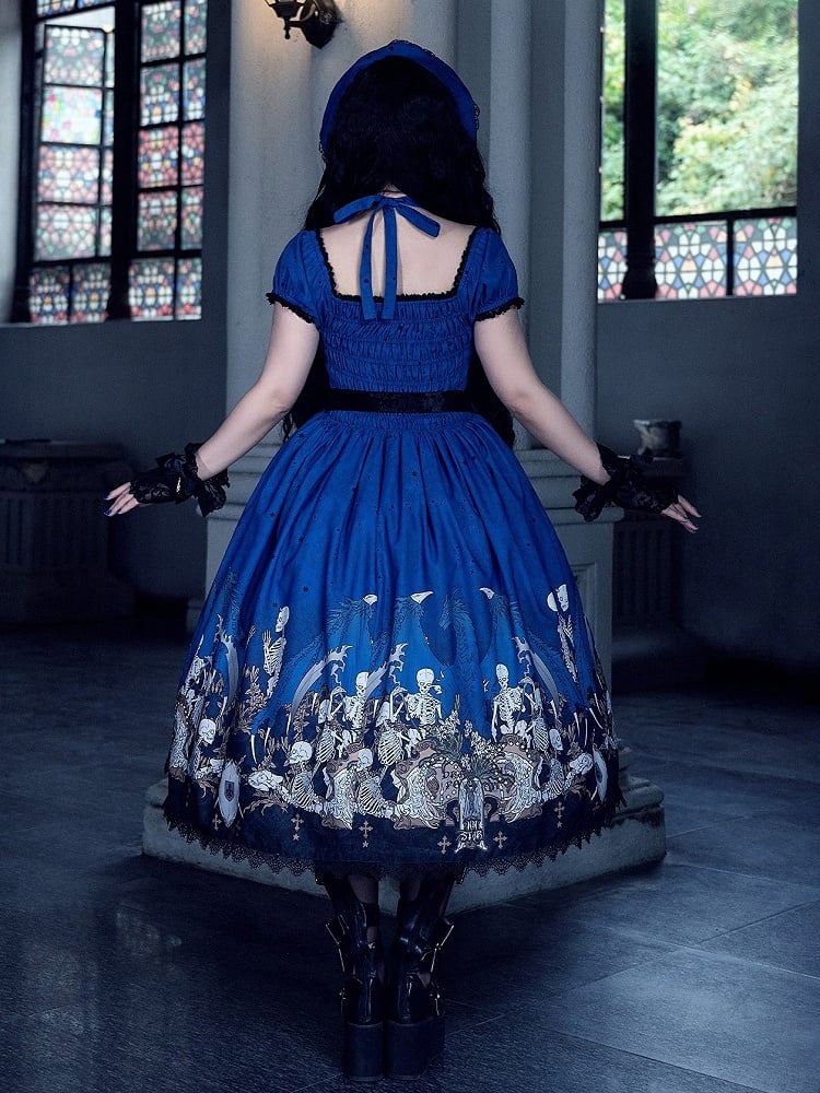 Cross Trim Black Gothic Skeleton Dress and Lace Lolita with Print Blue