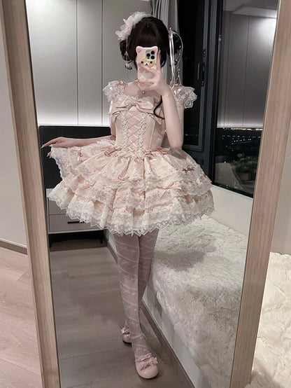 Details Dress Lace Jacquard with Lolita Pink Bow Princess Multi-Layered