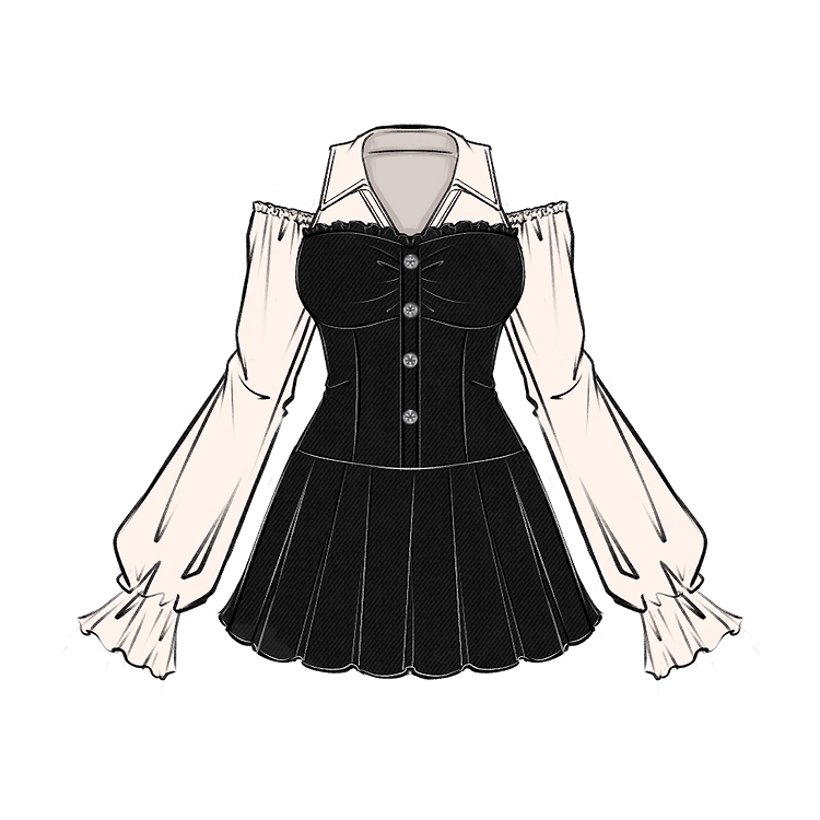 Black Pleated Skirt Dress with Cutout Shoulders and Bishop Sleeves - Hard Candy