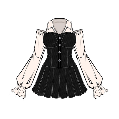 Black Pleated Skirt Dress with Cutout Shoulders and Bishop Sleeves - Hard Candy