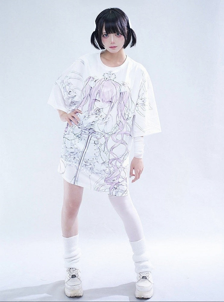 Oversized White Anime Girl Print T-Shirt - Tribuo Flos