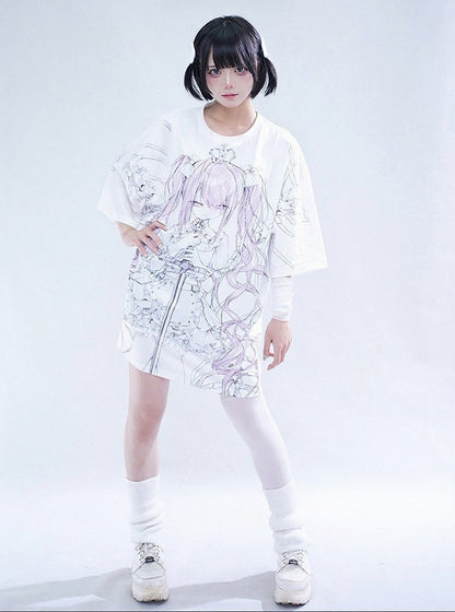 Oversized White Anime Girl Print T-Shirt - Tribuo Flos