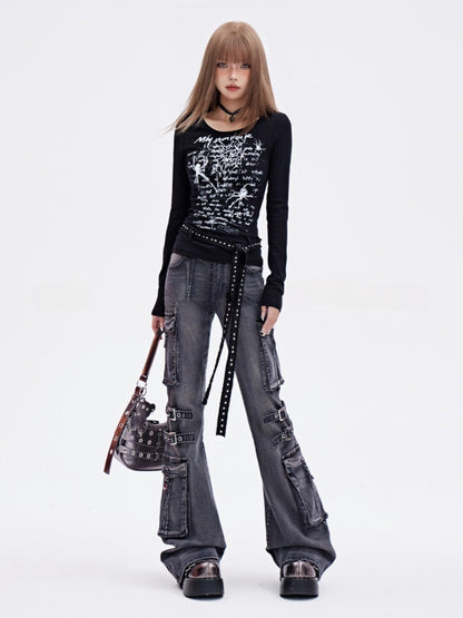 Gratis mit Taillengürtel im Y2K-Stil, schwarzer Spinnendruck, glamourös, schmal geschnittenes Oberteil