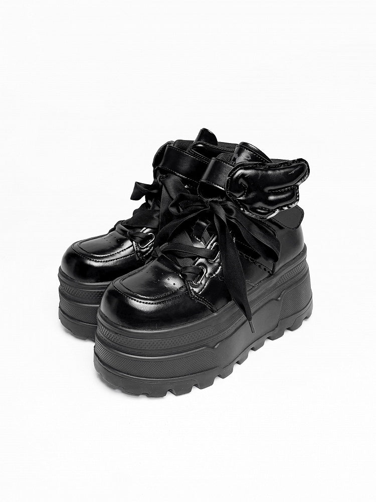 And Lace-up Black Strap Closures Velcro Wings Decor Gothic Detachable - Platforms