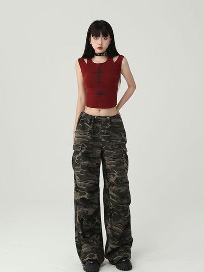 Gothic Wine Red Cross Backless Glamorous Cropped Sleeveless Top