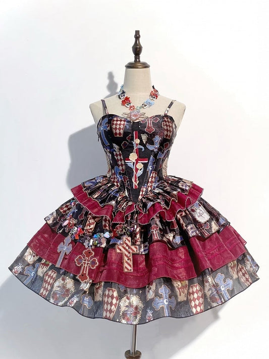 Y2K Print JSK Waist Basque Red with Black Cross Lolita Dress