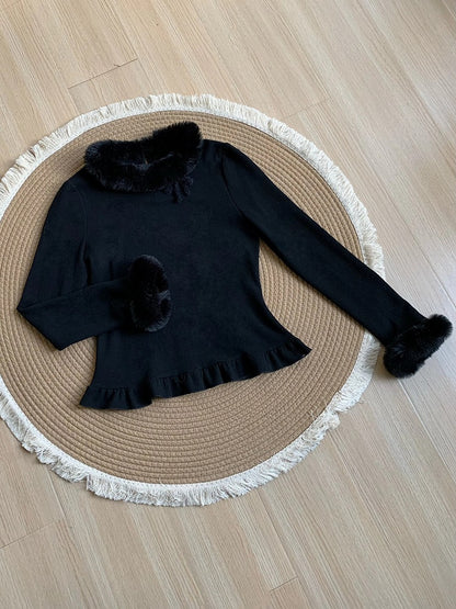 Plush and Neckline Knit Warm Cuffs for Top Black Lolita Autumn/Winter