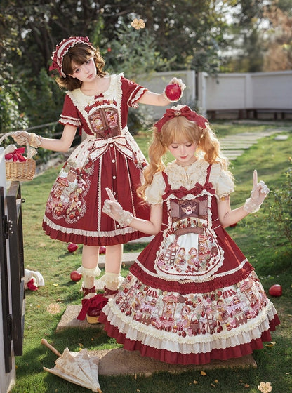 Sweet Red Lolita Jumper Dress with Fruity Print and Lace Trim - Honey Machine
