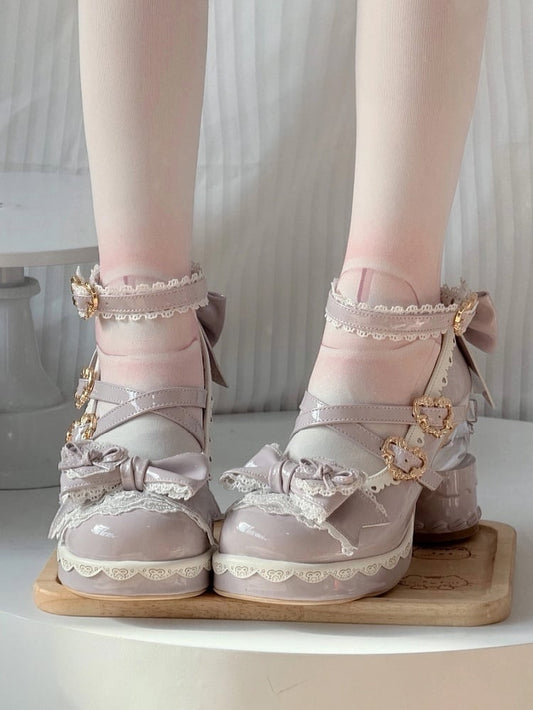 Bow Ball Mary Transparent with Platform Purple Shoes PU Heels Jane Sweet Decoration