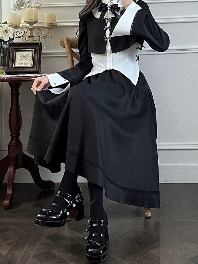 Black And White Gothic Butterfly Buckle Fake Two-piece Design Top＋ Black Tea Length Skirt Set