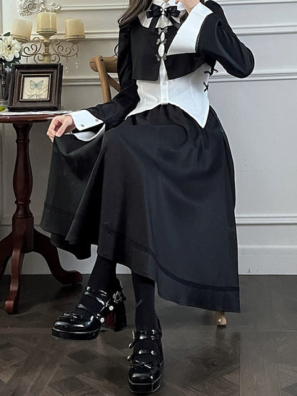 Black And White Gothic Butterfly Buckle Fake Two-piece Design Top＋ Black Tea Length Skirt Set