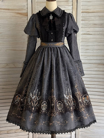 Lolita with Bat Juliette Wings Candelabras Sleeves Print Gray Dress Gothic