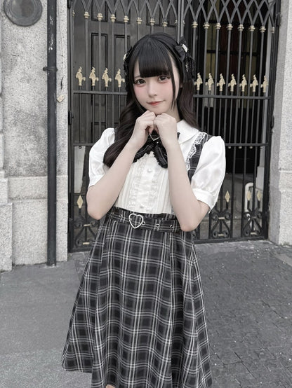 Faux Black Tie Design Jirai Detachable Two-Piece Dress Belt Heart Buckle Bow with Plaid Kei