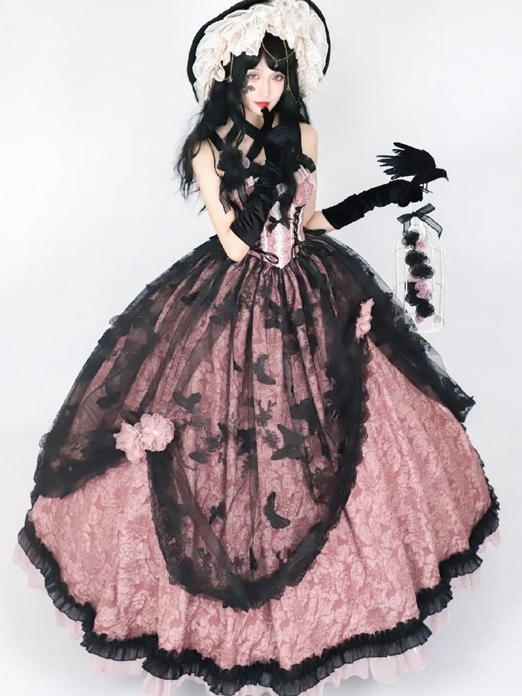 Floral Dark Bow Hime Details Dress Black Hanayome-style Pink Lace and Lolita with Embossed