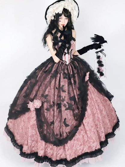 Floral Dark Bow Hime Details Dress Black Hanayome-style Pink Lace and Lolita with Embossed