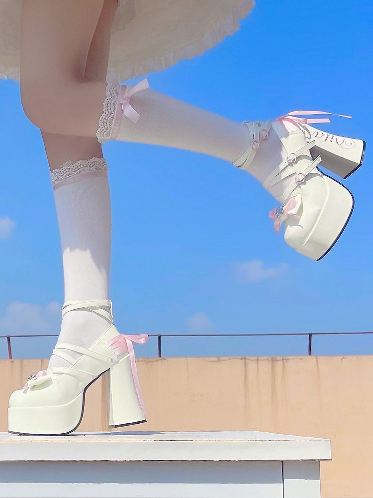 Heels Sweet Block Design - Crisscross High Platform Lolita White