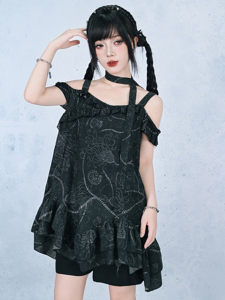 Gothic Black Off-Shoulder Cami Sea Lily Ruffle - Quirky Hut