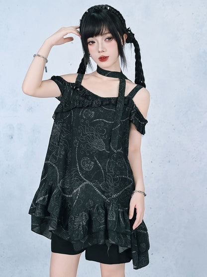 Gothic Black Off-Shoulder Cami Sea Lily Ruffle - Quirky Hut