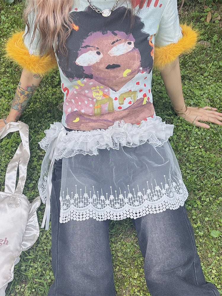 ほろ苦い刺繍入りホワイトY2Kカフトリムパンツフローラルシアーレースアクセサリーフリル