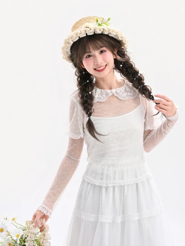 ブラウス レース ホワイト 水玉 ピーターパンカラー ジュリエットスリーブ スイート