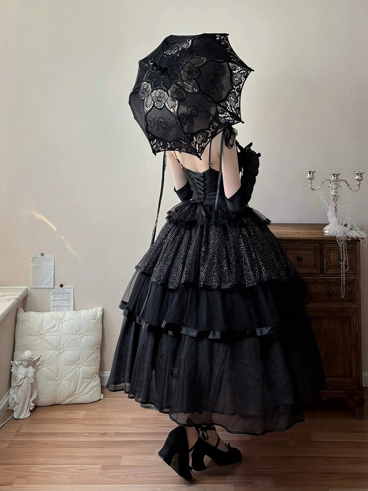Schwarzes Spaghetti Lolita Kleid mit geschichteten Trägern, elegant, schimmernd