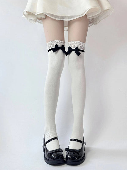 Stockings 60cm Lace Bow (White) Thigh-High