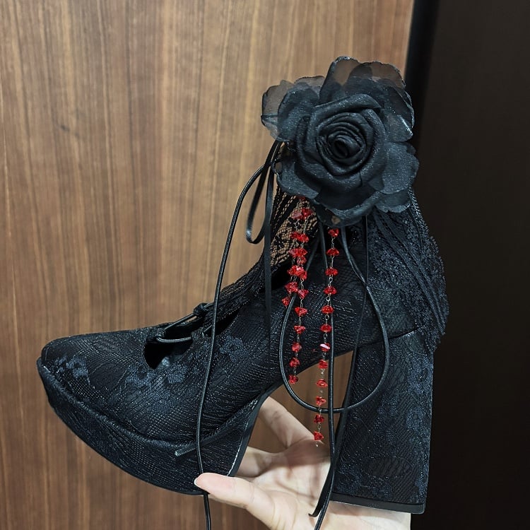 Black/Red - Punk Gothic High Heels Clips Block Black Flower