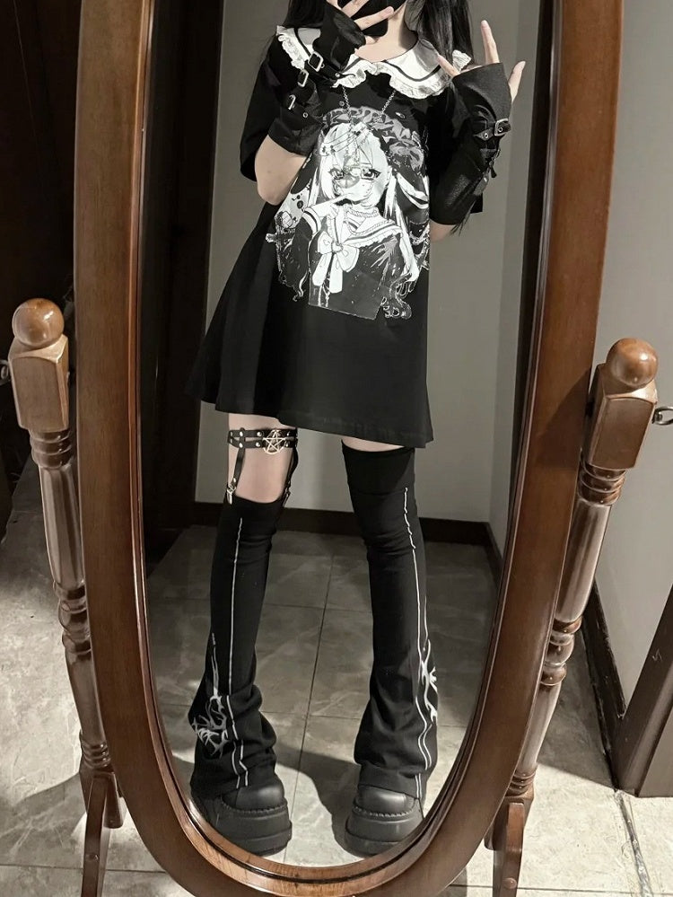 Pan Jirai Kei T-shirt Collar Black Anime Girl Print Peter