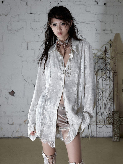 Beige Satin Lace-Trimmed Punk Shirt with Chain Accents