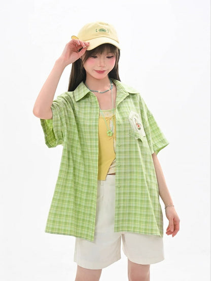 夏用ゆったりチェックシャツ（袖取り外し可能）イエロー/グリーン/レッド