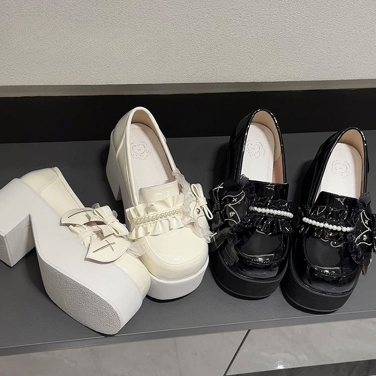 Rabbit Details Trim Block with - Design High Ruffle Bead Platform Lolita Black Heels Cross-Embroidered