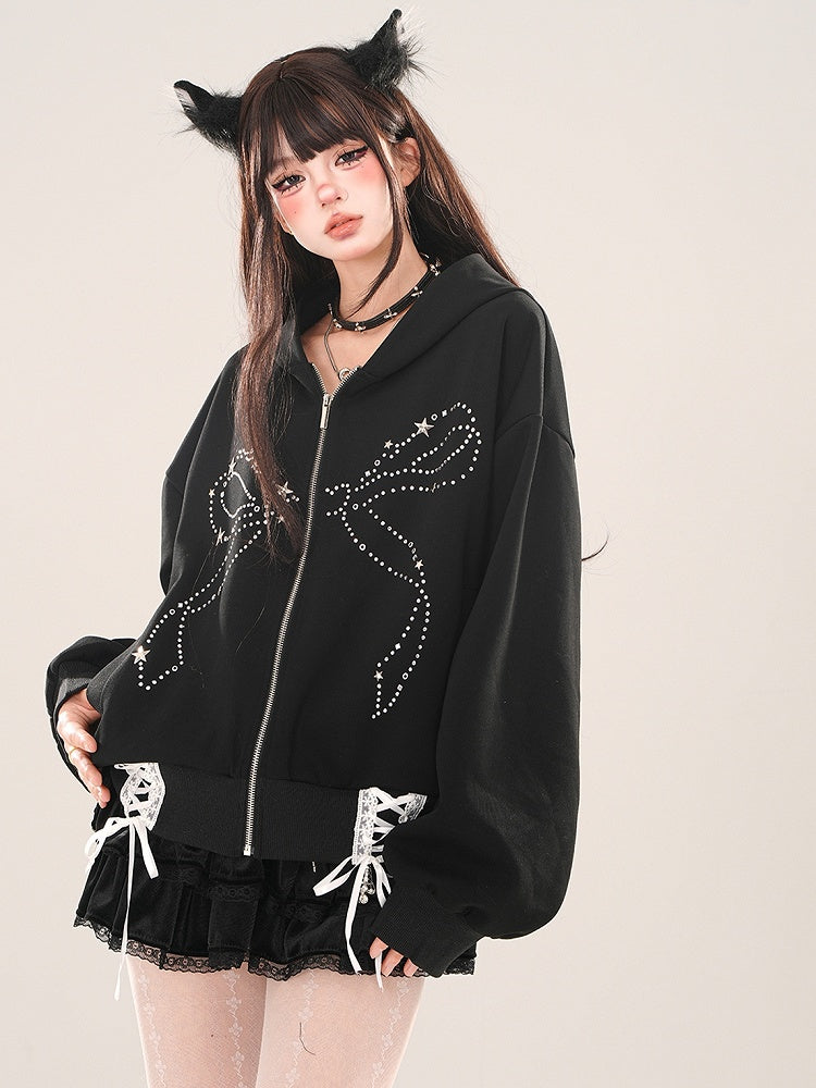 Black Rhinestone Bow Lace-up Detail Zip Hoodie