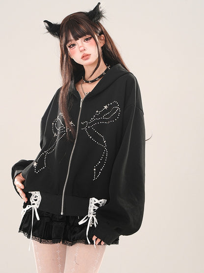 Black Rhinestone Bow Lace-up Detail Zip Hoodie